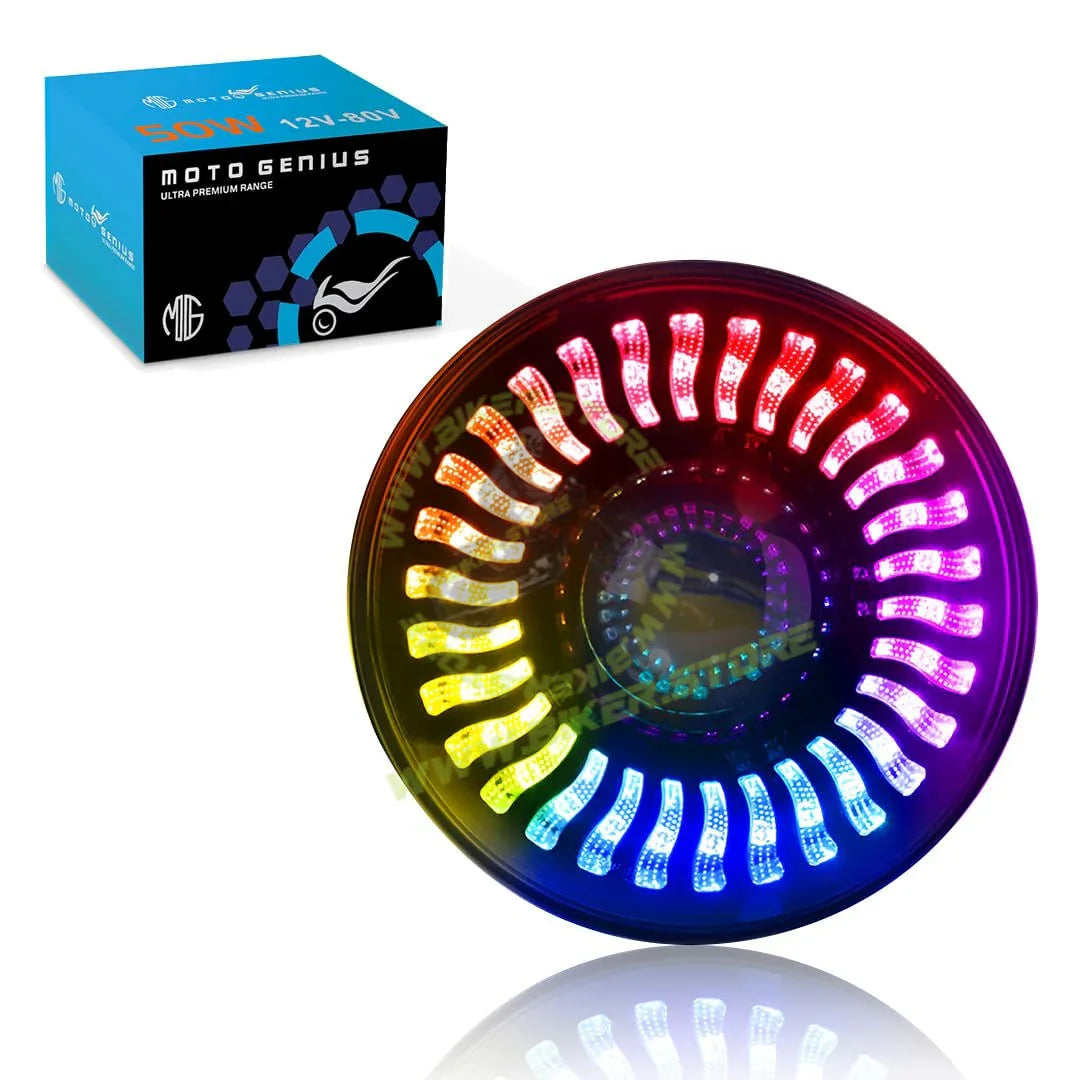 MOTO GENIUS 7 Inch RGB LED Round Headlight for Royal Enfield & Thar | High/Low Beam, Waterproof, Luminous Mode, Acrylic & Aluminum Construction, Durable, DRL, Bright LED (RGB Design) - Biker.Store - www.biker.store