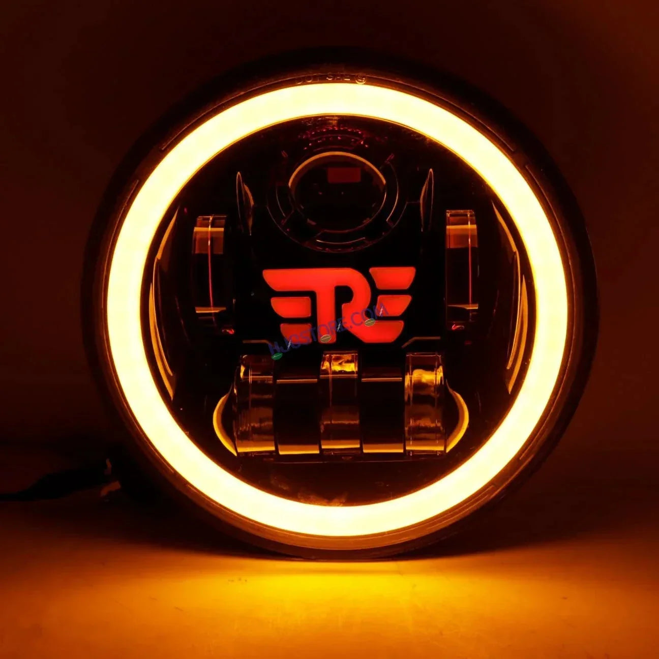 HJG 7 Inch RE Logo White LED Headlight New Model RE Logo Headlight Assembly for Royal Enfield | 75-90W CREE/Osram LED Chip Multi color Compatible with Royal Enfield, Jeep, Thar, Gypsy - Biker.Store - www.biker.store