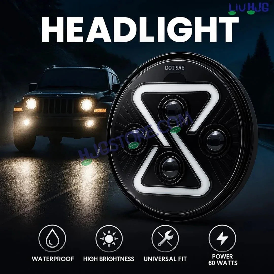 HJG 7 Inch Z Shape Animated Blue DRL White LED Headlight New Model Z Shape Headlight Assembly for Thar Royal Enfield | 75-120W CREE/Osram LED Chip Multi color Compatible with Royal Enfield, Jeep, Thar, Gypsy - Biker.Store - www.biker.store