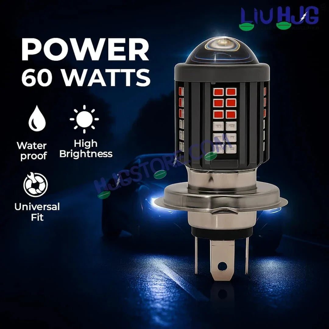 HJG H4 Lens 60 LED Red Blue Devil Lens New Model Red Blue White Yellow LED Headlight Bulb H4 For All Motorcycles (Low and High Beam Bulbs (White/Yellow/Red) Red DRL White Yellow 60W Lens) - 12V DC Hi/Lo Type H4 - Biker.Store - www.biker.store