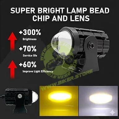 Baobao Mini Driving Fog Light Led Universal Fit All Motorcycle Scooties, Yellow White Dual Color, Free Control Switch, 300% Brighter, 30000 Hours Lifespan, 2 Pack - Biker.Store - www.biker.store