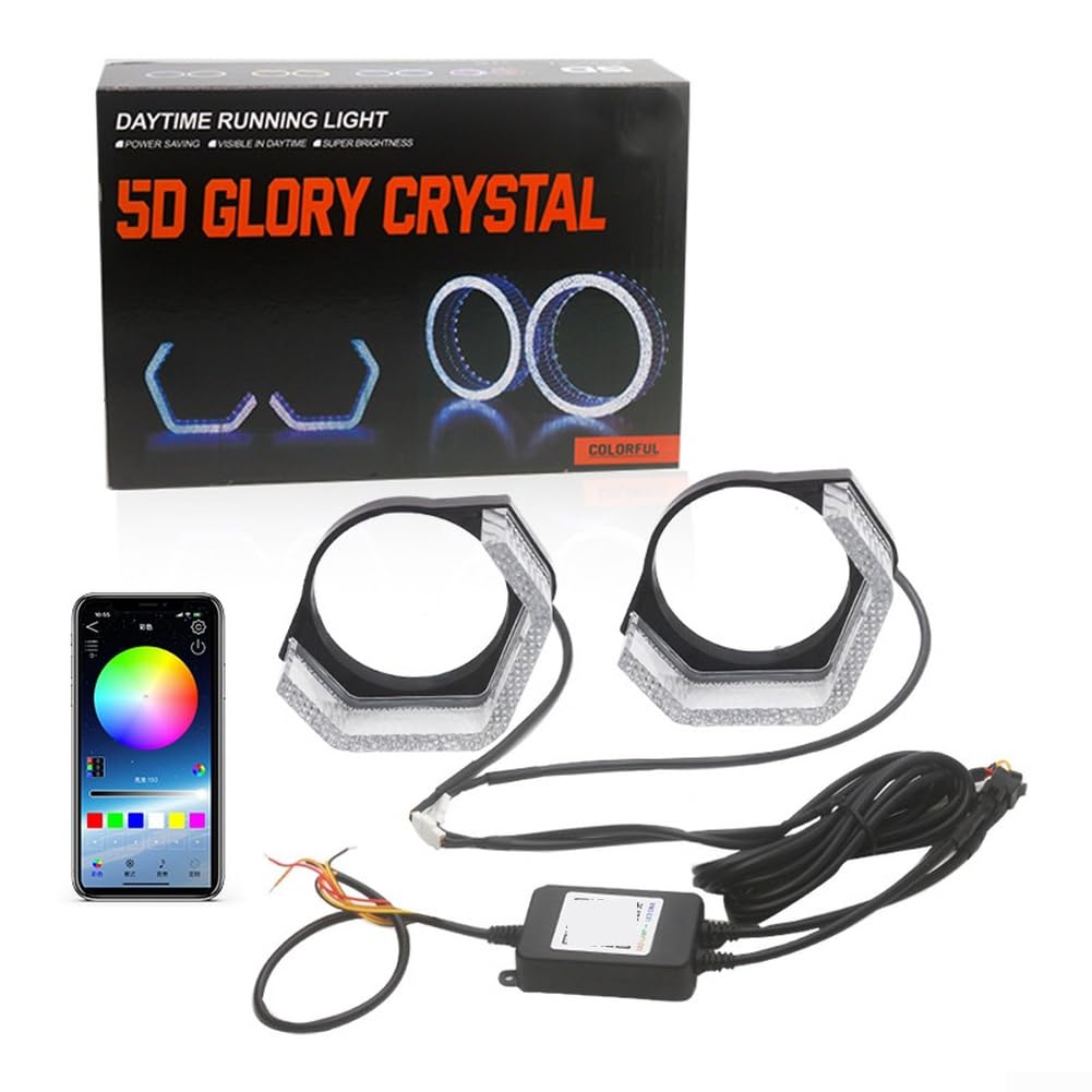 RGB LED Angel Eyes Headlight Rings with APP Control for BMW Bi-Xenon Projector Lenses, 5DCrystal Cut Design, Turn Signal Function, 2.5/3 Inch PVC Decorative Covers,Colorful Lighting Upgrade(2.5 Inch)