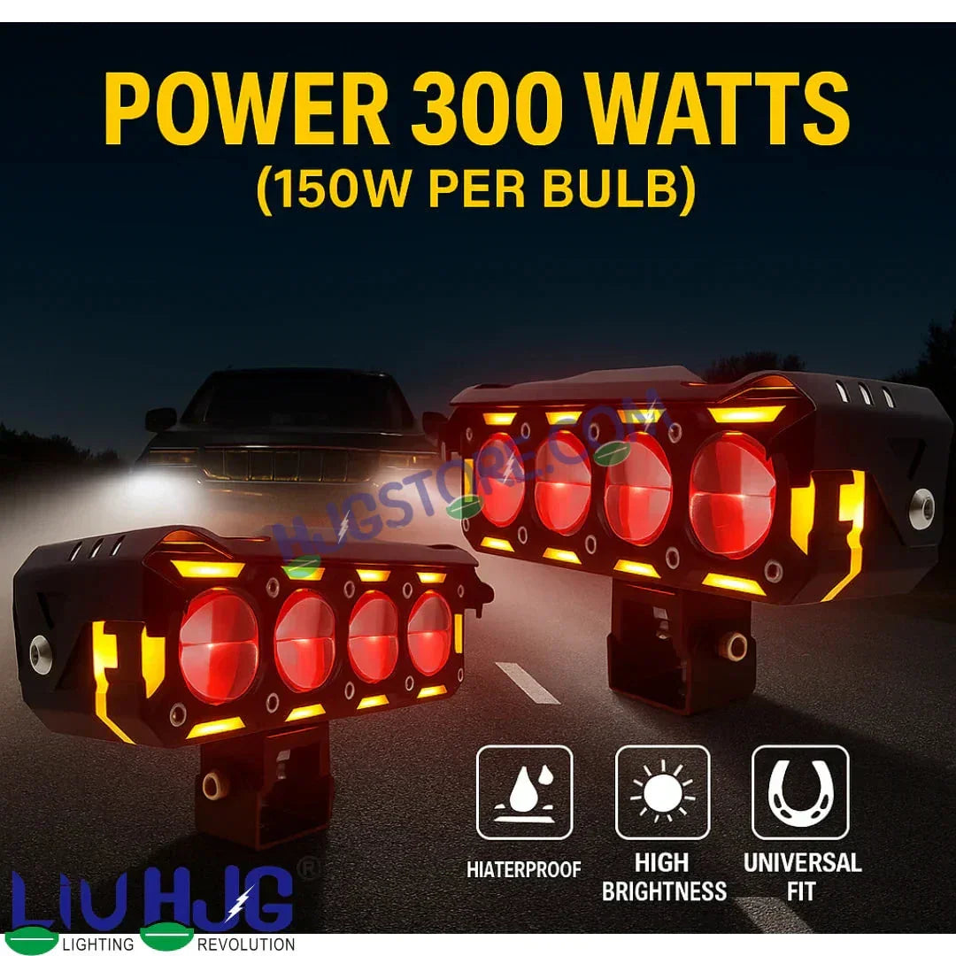 HJG New 300W Future Eyes Ring DRL 4 LED Projector Foglight with Wiring Harness Kit Red DRL/Amber Ring/White/Yellow Light 300W Foglight Ultra Wide Dual Intensity LED Driving Fog Lights Universal For All Cars & Bikes LIU HJG Ring 4 Lens Fog with Wiring Kit - Biker.Store - www.biker.store