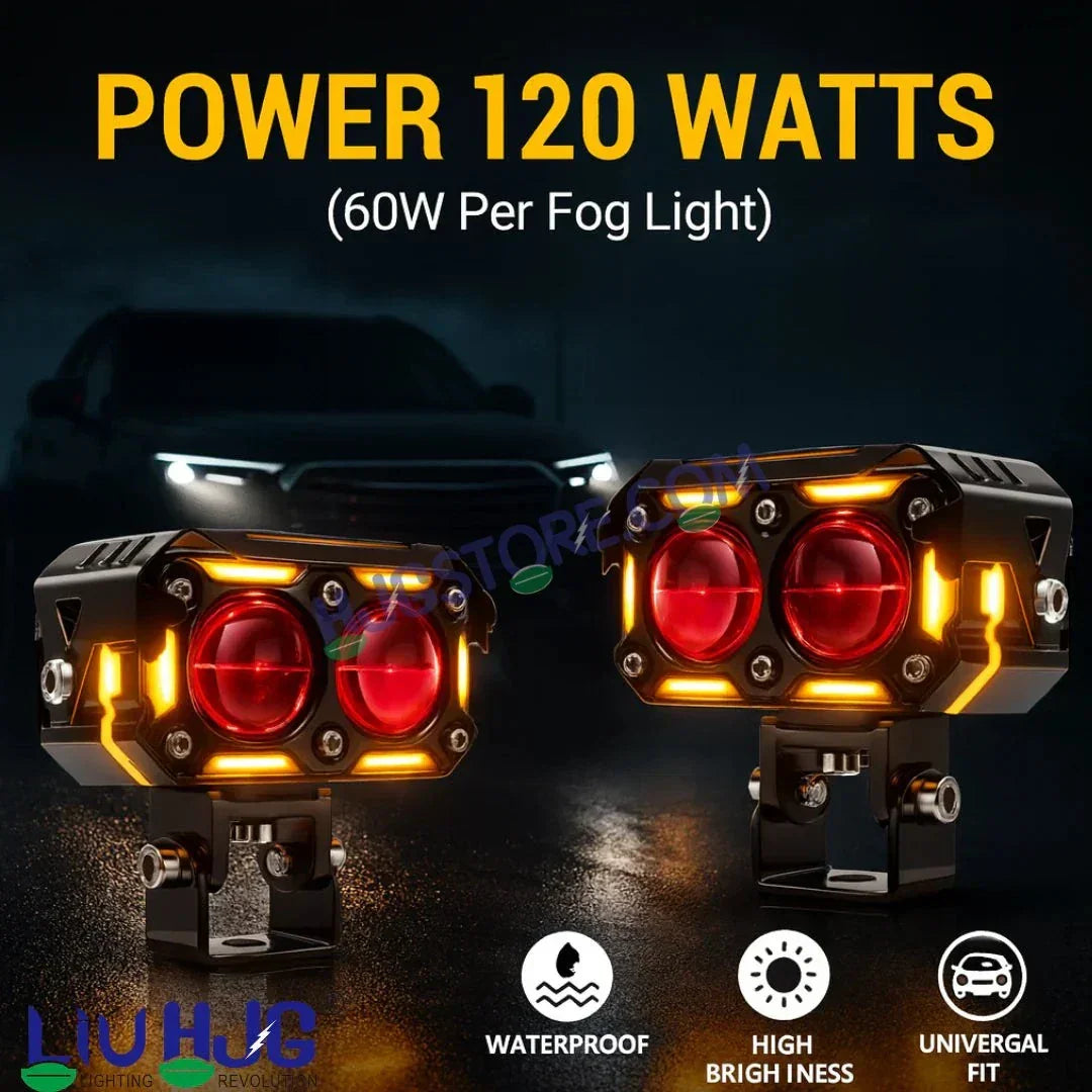 HJG New 120W Future Eyes Ring DRL 2 LED Projector Foglight with Wiring Harness Kit Red DRL/Amber Ring/White/Yellow Light 120W Foglight Ultra Wide Dual Intensity LED Driving Fog Lights Universal For All Cars & Bikes LIU HJG Ring 2 Lens Fog with Wiring Kit - Biker.Store - www.biker.store