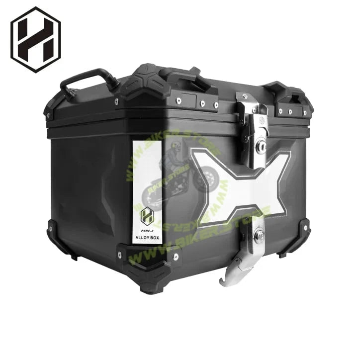 HJG 45L Aluminium Motorcycle Top Box with X-Shaped Red LED Tail Light – Waterproof, Universal Fit & Lockable - Top Box - 45Ltr (Black :- Aluminium) LIU HJG Top Box with X LED Light - Biker.Store - www.biker.store