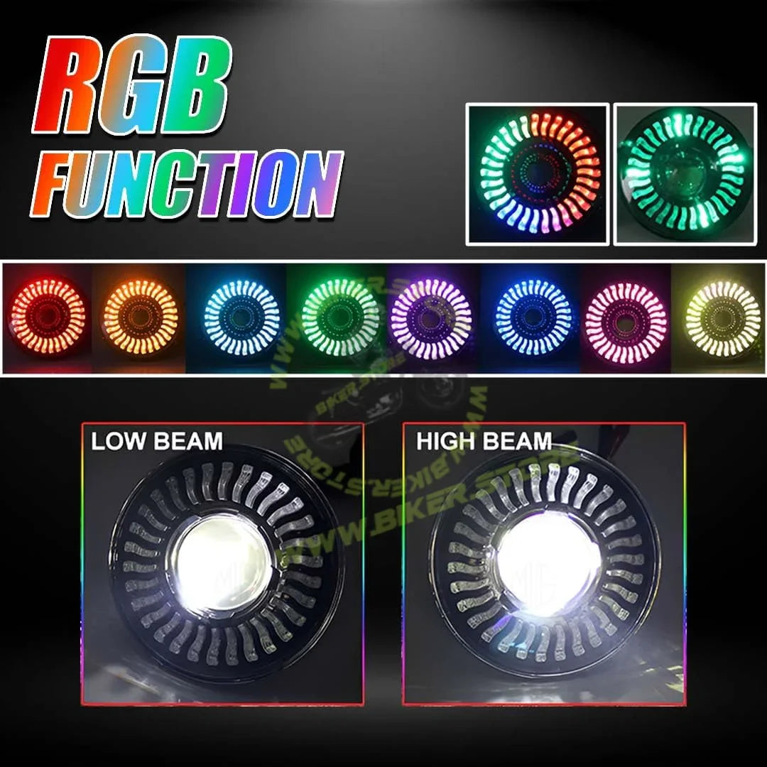 MOTO GENIUS 7 Inch RGB LED Round Headlight for Royal Enfield & Thar | High/Low Beam, Waterproof, Luminous Mode, Acrylic & Aluminum Construction, Durable, DRL, Bright LED (RGB Design) - Biker.Store - www.biker.store