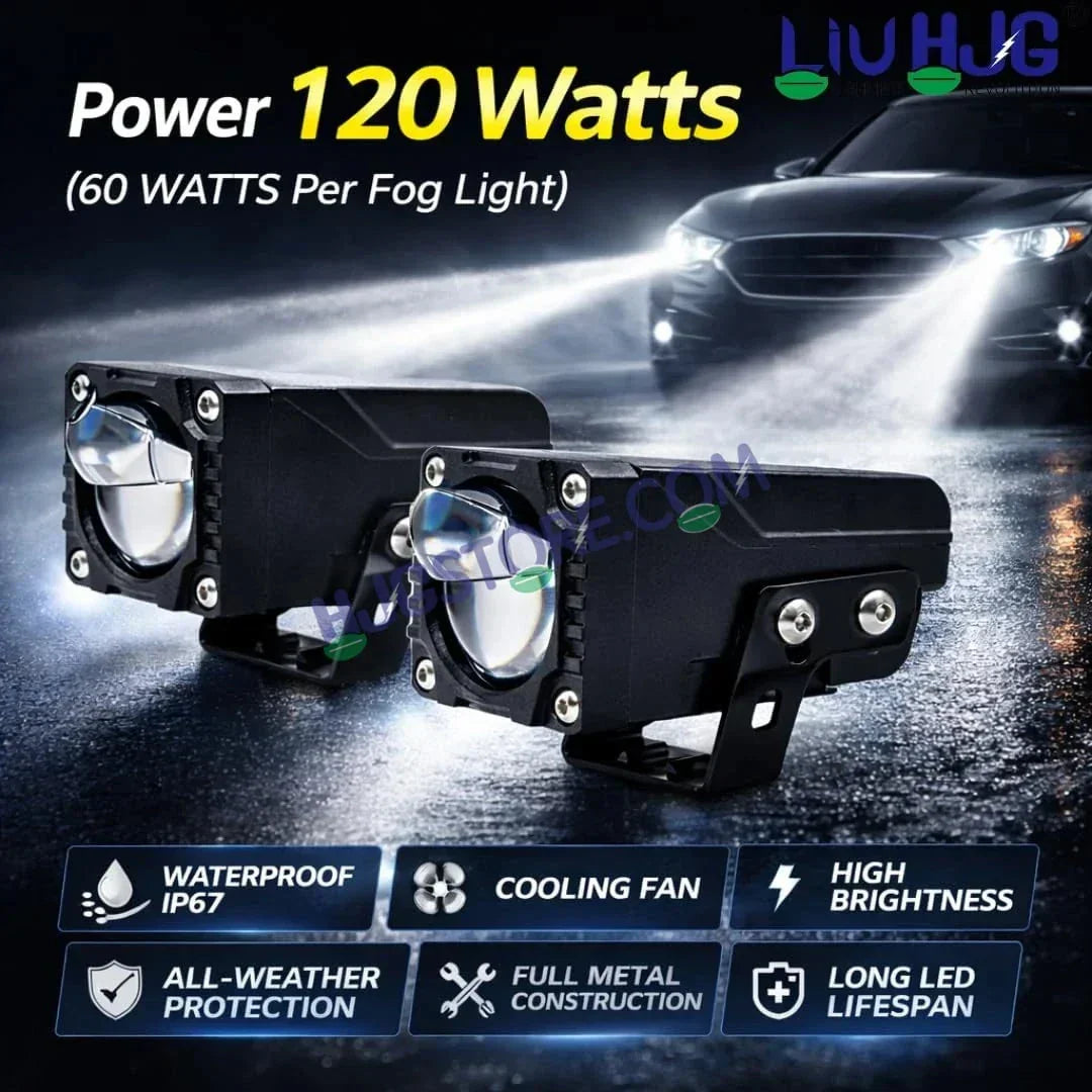 HJG HS104 Wide Lens Foglight Dual Condenser Lens 120W Foglight with Two Type Clamps White Hi/Lo Red Projector Foglight 120W Ultra Wide Intensity LED Fog Lights White Hi/Lo with Red Devil Fog Universal For All Cars & Bikes LIU HJG HS104 120W Foglight 2pc - Biker.Store - www.biker.store