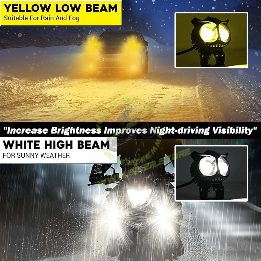 MOTO GENIUS 40W OWL Shape LED Fog Light | Dual Color & | Low & High Beam | Universal Fit for Car & Motorcycle | Stylish Projector Lamp Design - Biker.Store - www.biker.store