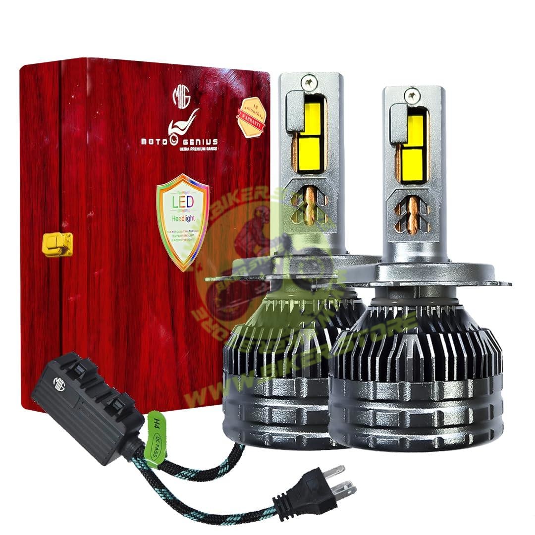 MOTO GENIUS Super Bright 400W LED Headlight Conversion Kit for Car & Bike | Waterproof, Energy-Efficient, Steel & Aluminium Build, Dual Beam, Premium Wooden Box Packaging (H4, Pack of 2) - Biker.Store - www.biker.store