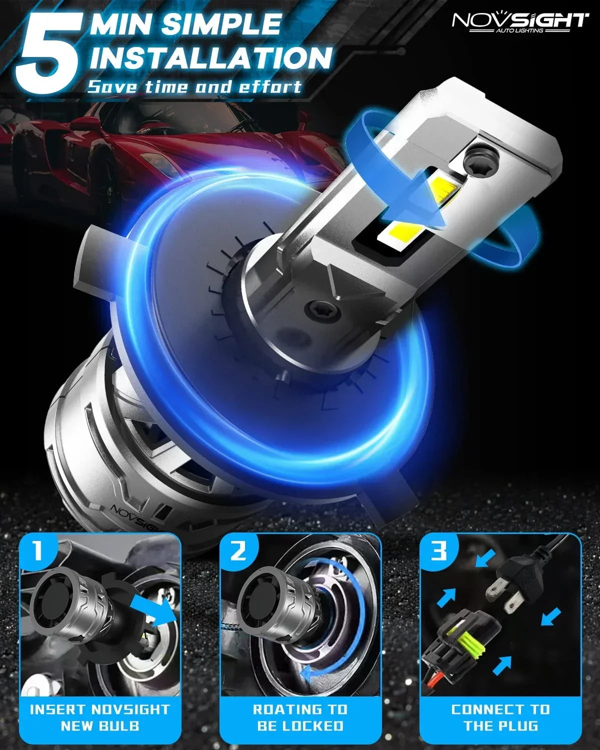 NightEye NOVSIGHT H4/9003/HB2 LED Headlights Bulbs, 60W High Low Beam LED Headlights Conversion Kit, 6500K White, Plug and Play Easy Installation Halogen Replacement, Pack of 2 - Biker.Store - www.biker.store