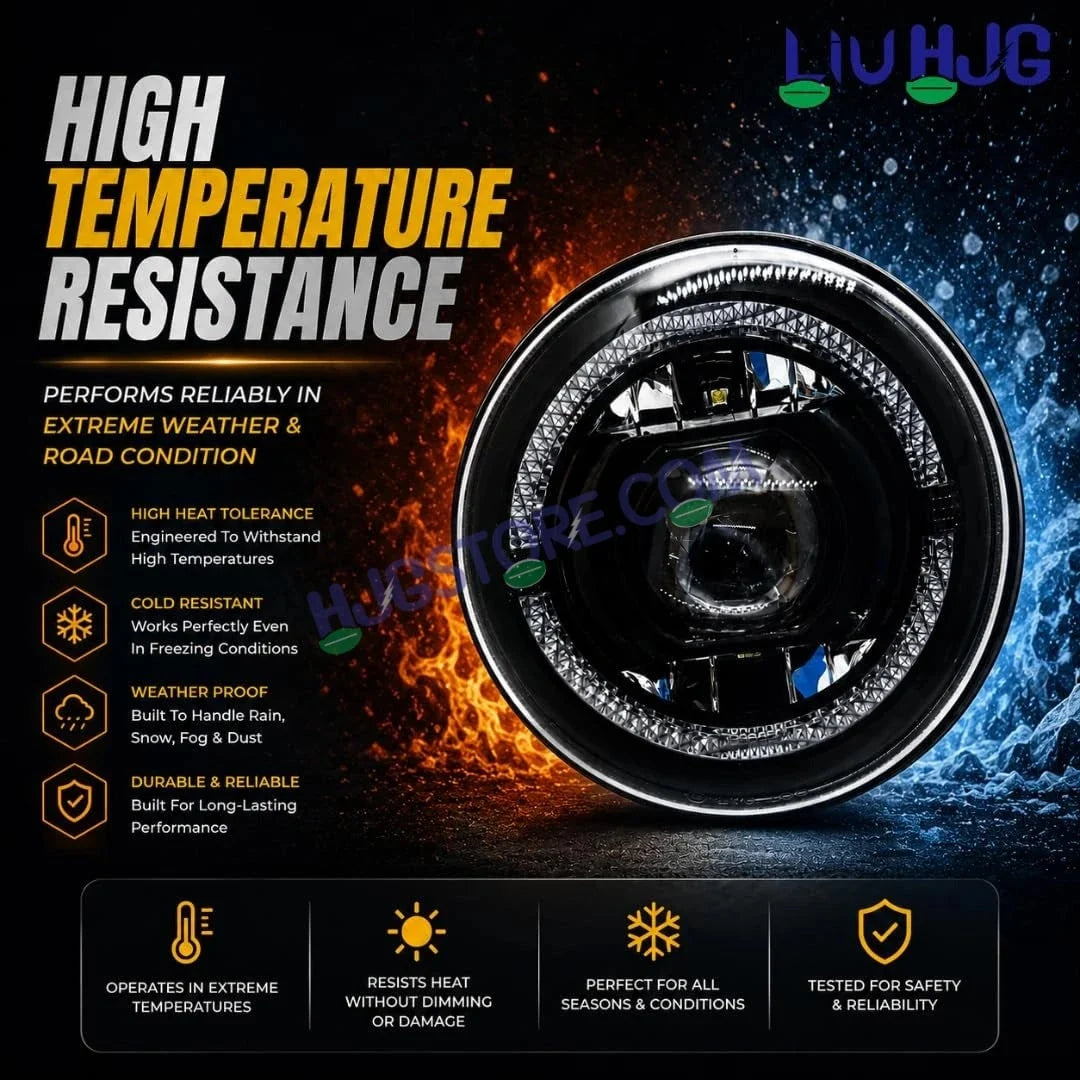 HJG C-199 Halo Ring 7 Inch Headlight Assembly White Amber 7 Inch Headlight Assembly 108W Projector Ultra Wide C-199 White LED Headlight New Projector Headlight Assembly | 108W CREE/Osram LED Chip Multi DRL Compatible with Royal Enfield, Jeep, Thar, Gypsy - HJGstore.com