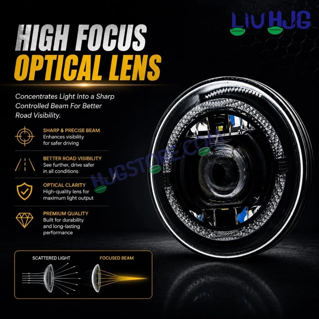HJG C-199 Halo Ring 7 Inch Headlight Assembly White Amber 7 Inch Headlight Assembly 108W Projector Ultra Wide C-199 White LED Headlight New Projector Headlight Assembly | 108W CREE/Osram LED Chip Multi DRL Compatible with Royal Enfield, Jeep, Thar, Gypsy - HJGstore.com