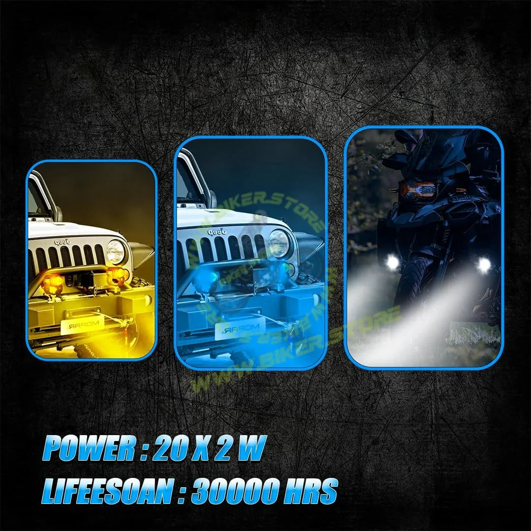 MOTO GENIUS LED Fog Lights with Switch for Car Motorcycle Scooter | 2PCS 20W Each (40W Total), Triple Color White Yellow Blue, Hi/Lo Beam, Waterproof, Universal for Car & Motorcycle | Pack of 2 - Biker.Store - www.biker.store