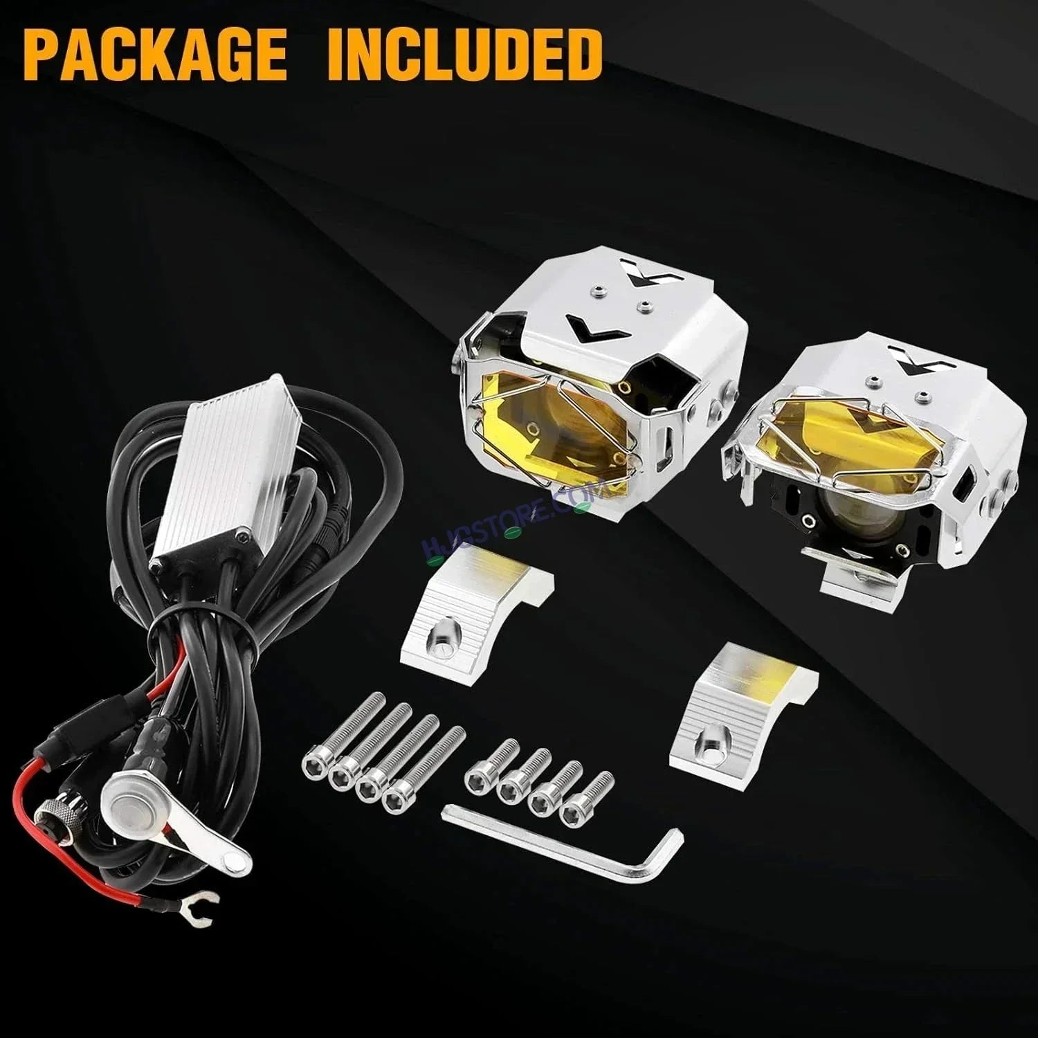 HJG Chrome Transformer Foglight 140W LED Projector with Wiring Kit Slider Yellow Cap Wide Spread White/Yellow 140W 2pc Foglight Ultra Wide Dual Intensity LED Driving Fog Lights 3000K/6500K Universal For All Cars & Bikes, Pack of 2 with Wiring Harness Kit - Biker.Store - www.biker.store