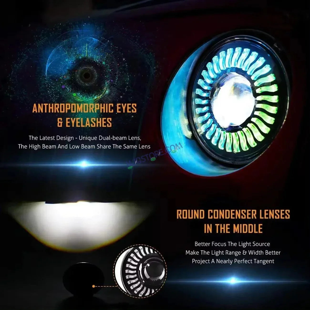 HJG 7 Inch RGB LED Headlight Assembly | 75-120W CREE/Osram | Multicolor Compatible with Royal Enfield, Jeep, Thar, Gypsy - Biker.Store - www.biker.store