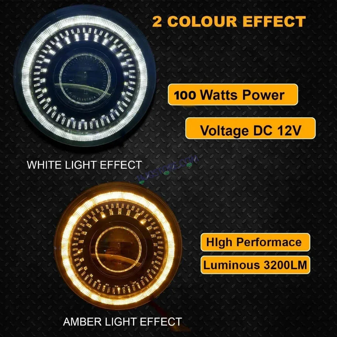 HJG 7 Inch White LED Headlight Chakra V1 Headlight Assembly for Thar Royal Enfield | 75-120W CREE/Osram LED Chip Multi color Compatible with Royal Enfield, Jeep, Thar, Gypsy - Biker.Store - www.biker.store