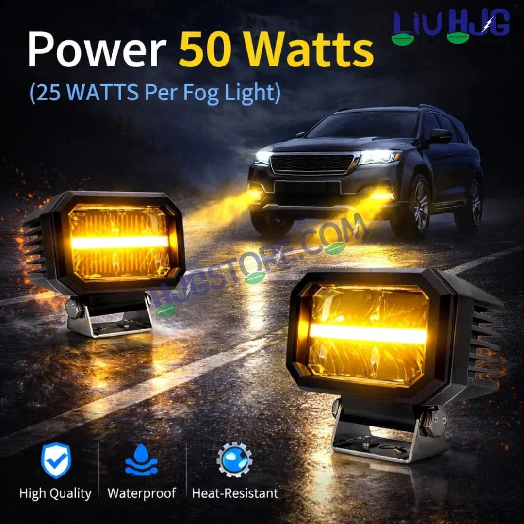 HJG W-07 Minus Cube Foglight 50W White/Amber Foglight White/Yellow DRL Dual LED Foglight Amber/White DRL White Light 50W Foglight Ultra Wide Dual Intensity LED Driving Fog Lights Universal For All Cars & Bikes LIU HJG W-07 Minus Cube Foglight, Pack of 2 - Biker.Store - www.biker.store