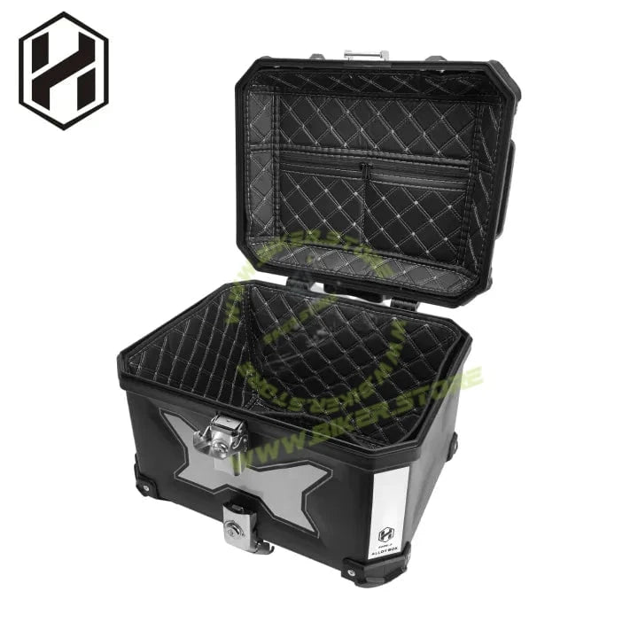 HJG 45L Aluminium Motorcycle Top Box with X-Shaped Red LED Tail Light – Waterproof, Universal Fit & Lockable - Top Box - 45Ltr (Black :- Aluminium) LIU HJG Top Box with X LED Light - Biker.Store - www.biker.store