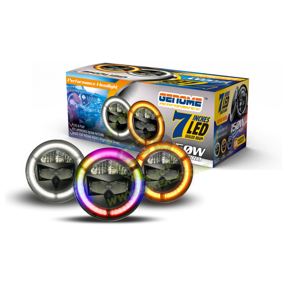 Genome 120W 7 Inch Headlight Assembly Matrix Edition (With RGB Welcome Light), Pack of 2 - Biker.Store - www.biker.store