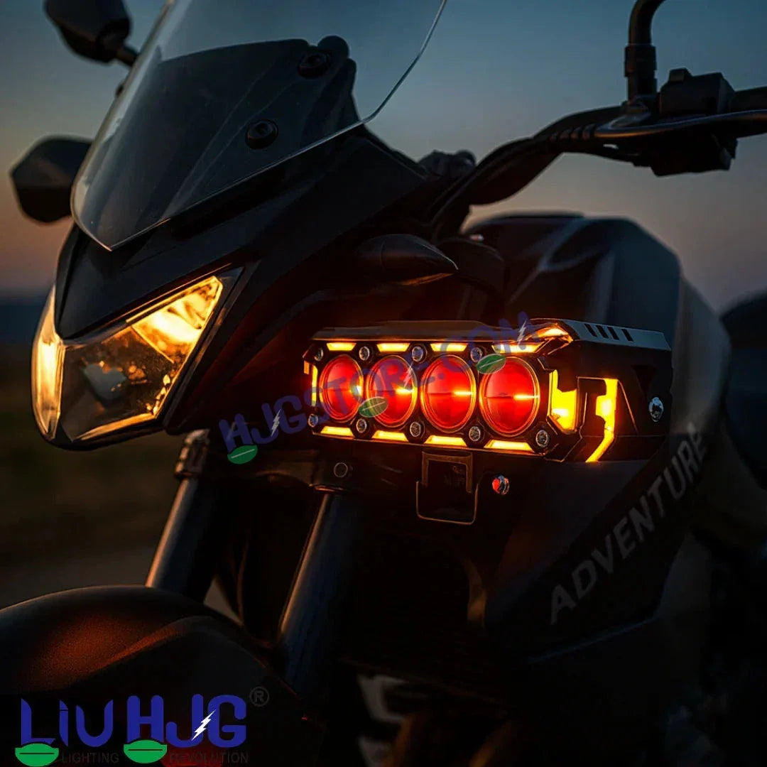 HJG New 300W Future Eyes Ring DRL 4 LED Projector Foglight with Wiring Harness Kit Red DRL/Amber Ring/White/Yellow Light 300W Foglight Ultra Wide Dual Intensity LED Driving Fog Lights Universal For All Cars & Bikes LIU HJG Ring 4 Lens Fog with Wiring Kit - Biker.Store - www.biker.store