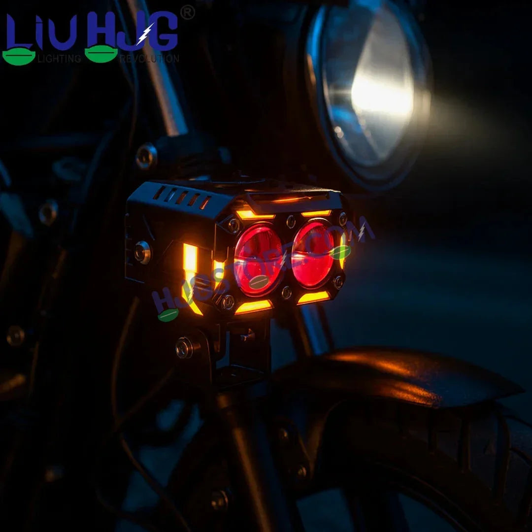 HJG New 120W Future Eyes Ring DRL 2 LED Projector Foglight with Wiring Harness Kit Red DRL/Amber Ring/White/Yellow Light 120W Foglight Ultra Wide Dual Intensity LED Driving Fog Lights Universal For All Cars & Bikes LIU HJG Ring 2 Lens Fog with Wiring Kit - Biker.Store - www.biker.store