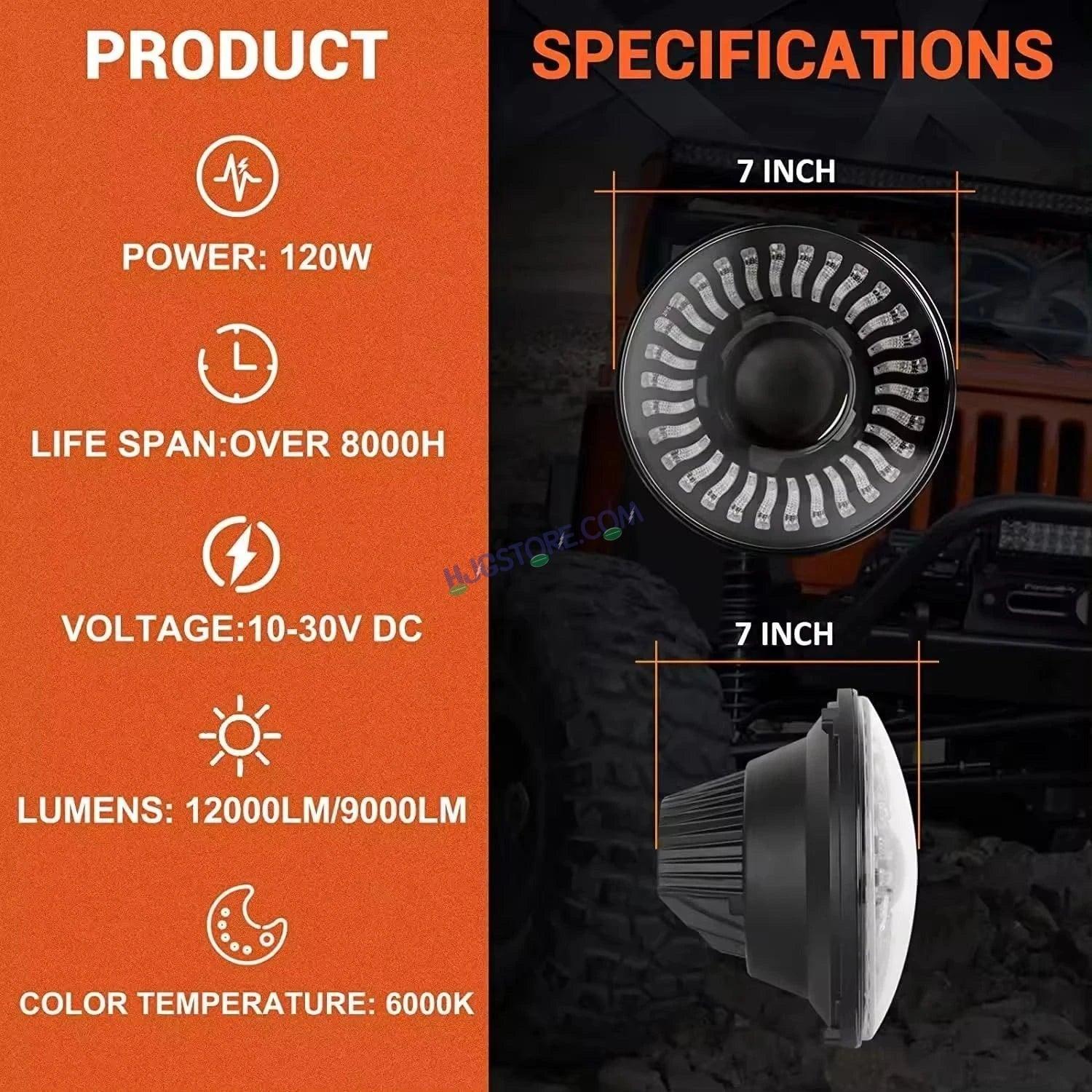 HJG 7 Inch RGB LED Headlight Assembly | 75-120W CREE/Osram | Multicolor Compatible with Royal Enfield, Jeep, Thar, Gypsy - Biker.Store - www.biker.store