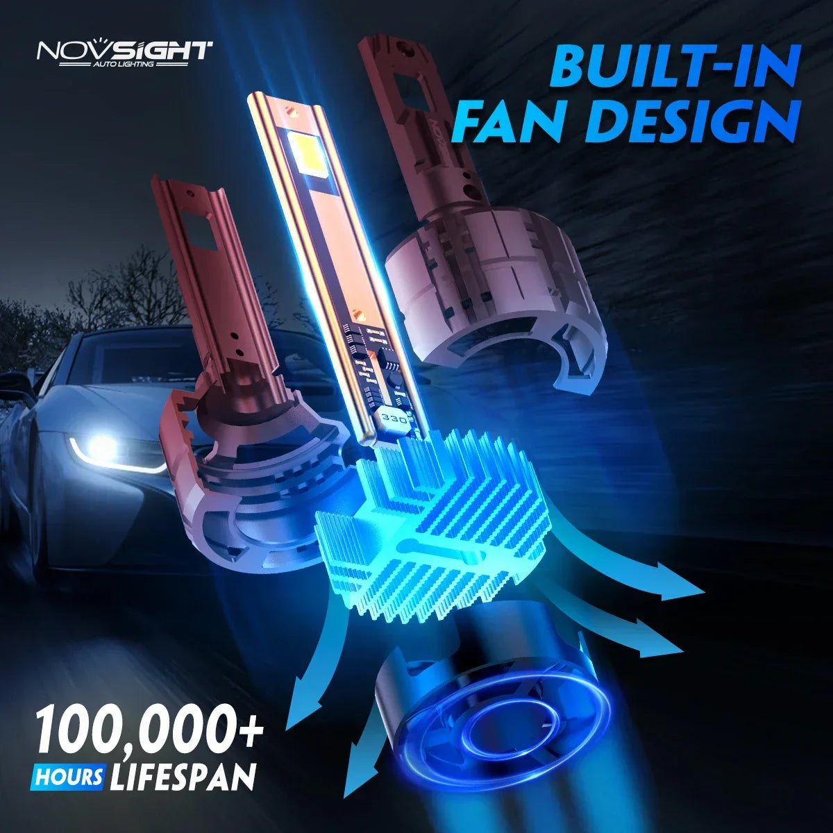 NightEye NOVSIGHT A500-N60 H4 Hi/Lo 2PCS 40000LM/Pair Car Headlight LED Bulbs High/Low Beam Kit 6500K Headlamp IP68 Waterproof White Light - Type H4 - Biker.Store - www.biker.store
