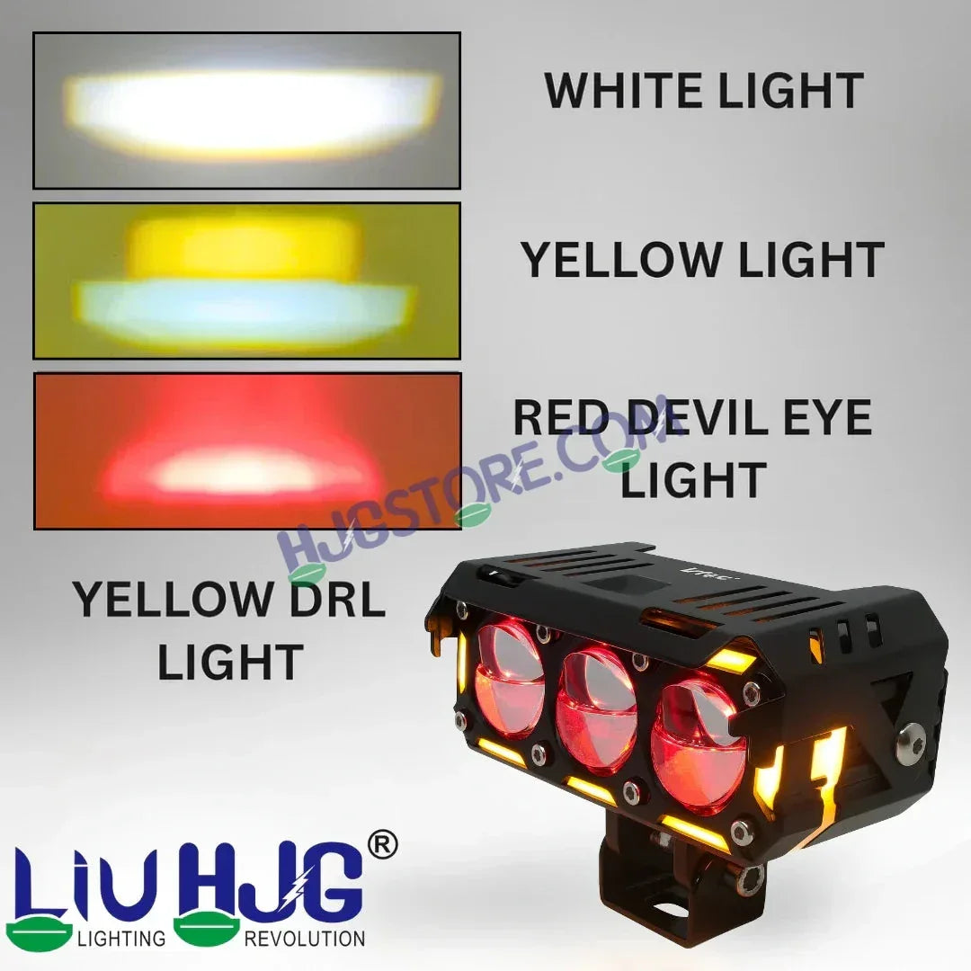 HJG New 240W Future Eyes Ring DRL 3 LED Projector Foglight with Wiring Harness Kit Red DRL/Amber Ring/White/Yellow Light 240W Foglight Ultra Wide Dual Intensity LED Driving Fog Lights Universal For All Cars & Bikes LIU HJG Ring 3 Lens Fog with Wiring Kit - Biker.Store - www.biker.store