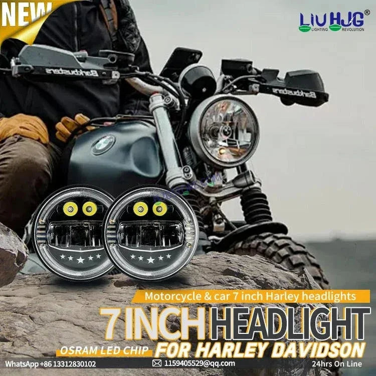 HJG 7 Inch Star White LED Headlight New Model Minus Headlight Assembly for Thar Royal Enfield | 75-120W CREE/Osram LED Chip Multi color Compatible with Royal Enfield, Jeep, Thar, Gypsy - Biker.Store - www.biker.store