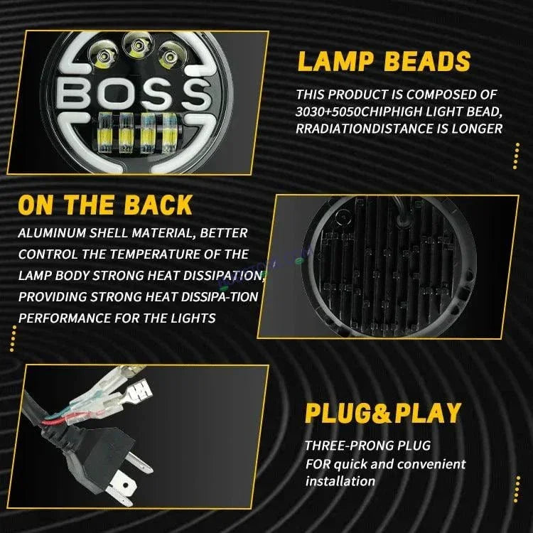 HJG 7 Inch Led Headlight Assembly Halo Lights Dual Color Yellow White 7 Inch Round Motorcycle Lights For Jeeps Universal Car Compatible with Royal Enfield, Jeep & Harley Davidson BOSS 2 - Biker.Store - www.biker.store