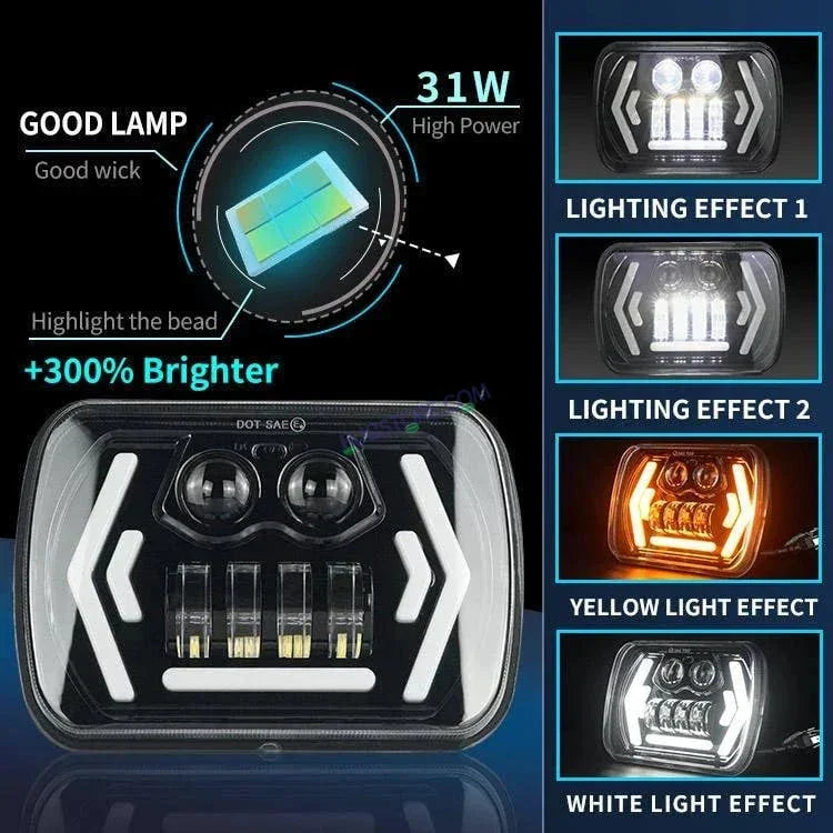 HJG 90w Hi/lo Beam 6x7 5x7 Projector Sealed Beam Rectangle Truck Led Headlights With Drl - Biker.Store - www.biker.store
