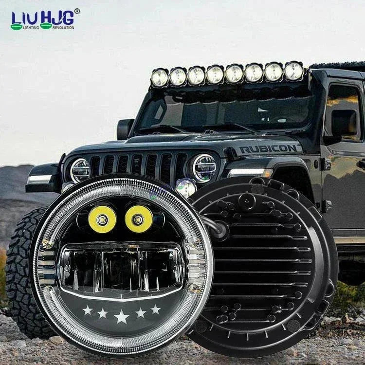 HJG 7 Inch Led Headlight Assembly Halo Lights Dual Color Yellow White 7 Inch Round Motorcycle Lights For Jeeps Universal Car Compatible with Royal Enfield, Jeep & Harley Davidson Fog Headlight Light Kit Devil's Eye Rgb Color Halo H4 Projector 2 - Biker.Store - www.biker.store