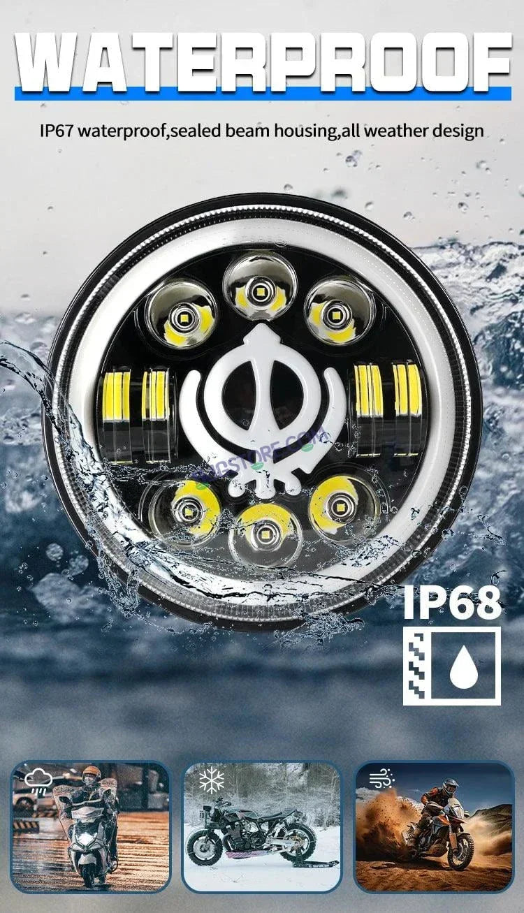 HJG 7 Inch Led Headlight Assembly Halo Lights Dual Color Yellow White 7 Inch Round Motorcycle Lights For Jeeps Universal Car Compatible with Royal Enfield, Jeep & Harley Davidson Khanda - Biker.Store - www.biker.store
