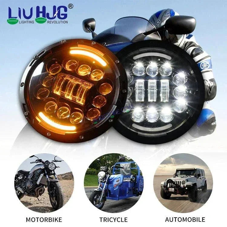 HJG 7 Inch 15 LED Halo Lens 12v Chasing Halo 7'' Inch Round LED Headlight With Ring 231036 Royal Enfield Thar - Biker.Store - www.biker.store