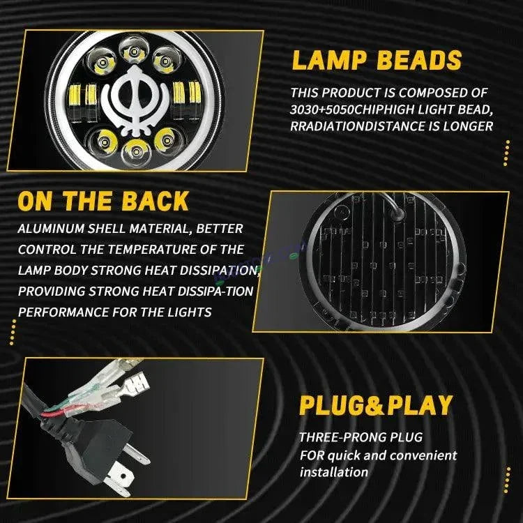 HJG 7 Inch Led Headlight Assembly Halo Lights Dual Color Yellow White 7 Inch Round Motorcycle Lights For Jeeps Universal Car Compatible with Royal Enfield, Jeep & Harley Davidson Khanda - Biker.Store - www.biker.store