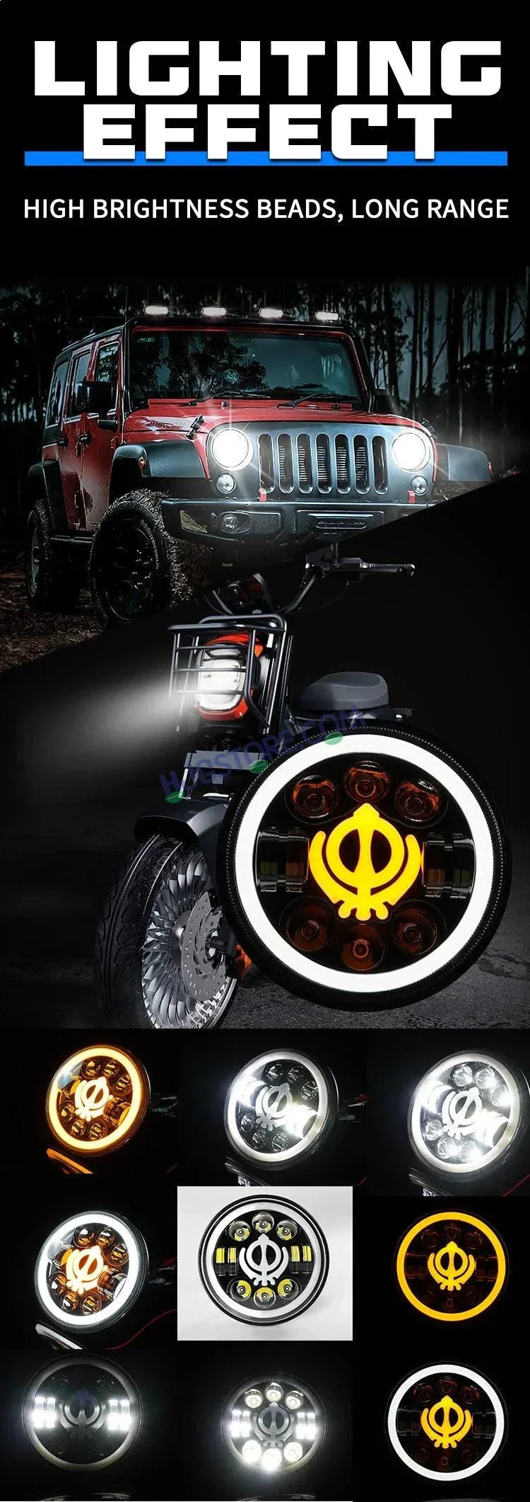HJG 7 Inch Led Headlight Assembly Halo Lights Dual Color Yellow White 7 Inch Round Motorcycle Lights For Jeeps Universal Car Compatible with Royal Enfield, Jeep & Harley Davidson Khanda 2 - Biker.Store - www.biker.store