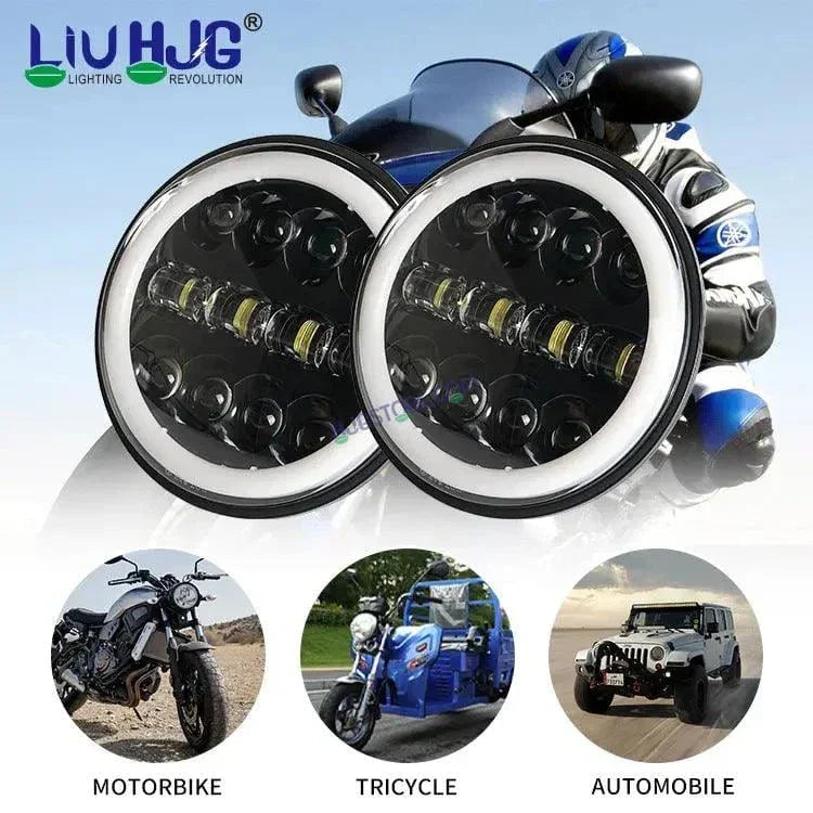 HJG 7 Inch Fashion Design Hi/lo Beam Black Round 7" Headlight 60w H4 Led Headlamp 7inch Drl Led Headlight 231045 2 - Biker.Store - www.biker.store