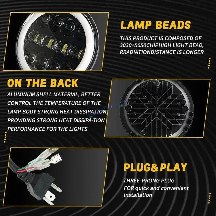 HJG 7 Inch Fashion Design Hi/lo Beam Black Round 7" Headlight 60w H4 Led Headlamp 7inch Drl Led Headlight 231045 HJG - Biker.Store - www.biker.store
