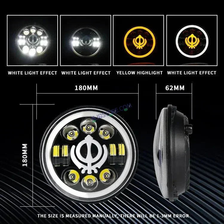 HJG 7 Inch Led Headlight Assembly Halo Lights Dual Color Yellow White 7 Inch Round Motorcycle Lights For Jeeps Universal Car Compatible with Royal Enfield, Jeep & Harley Davidson Khanda - Biker.Store - www.biker.store