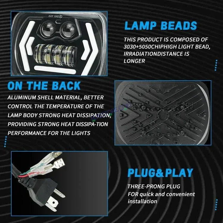 HJG 90w Hi/lo Beam 6x7 5x7 Projector Sealed Beam Rectangle Truck Led Headlights With Drl - Biker.Store - www.biker.store