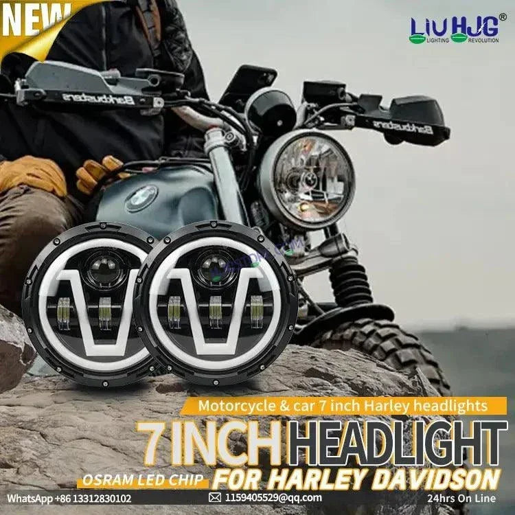 HJG 7 Inch Led Headlight Assembly Halo Lights Dual Color Yellow White 7 Inch Round Motorcycle Lights For Jeeps Universal Car Compatible with Royal Enfield, Jeep & Harley Davidson U - Biker.Store - www.biker.store