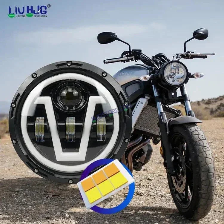 HJG 7 Inch Led Headlight Assembly Halo Lights Dual Color Yellow White 7 Inch Round Motorcycle Lights For Jeeps Universal Car Compatible with Royal Enfield, Jeep & Harley Davidson U - Biker.Store - www.biker.store