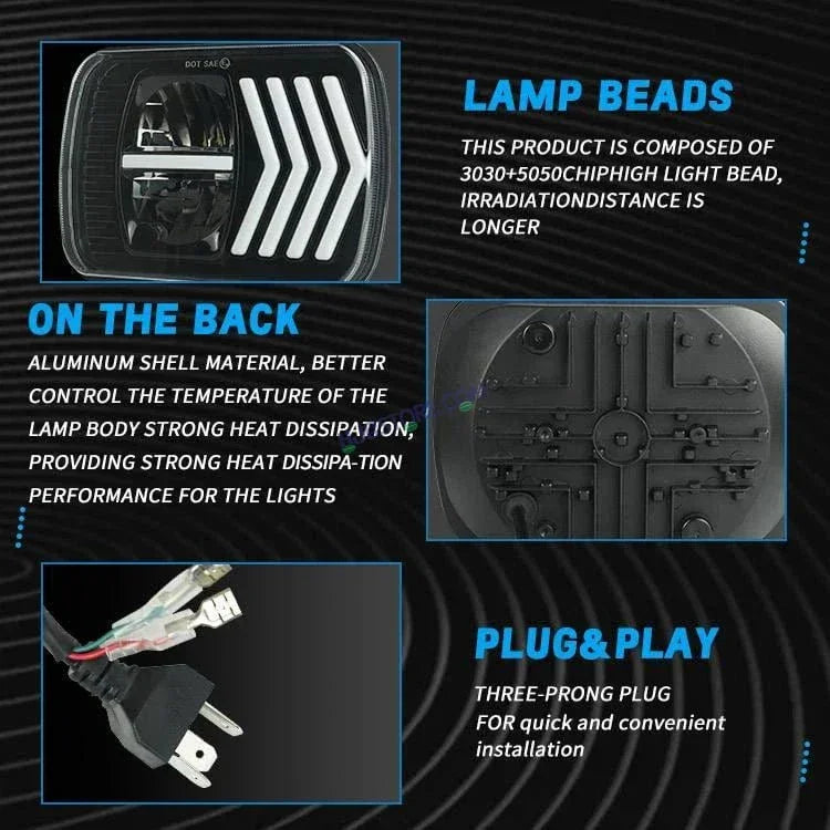 HJG 90w Hi/lo Beam 6x7 5x7 Projector Sealed Beam Rectangle Truck Led Headlights With Drl 231194 - Biker.Store - www.biker.store