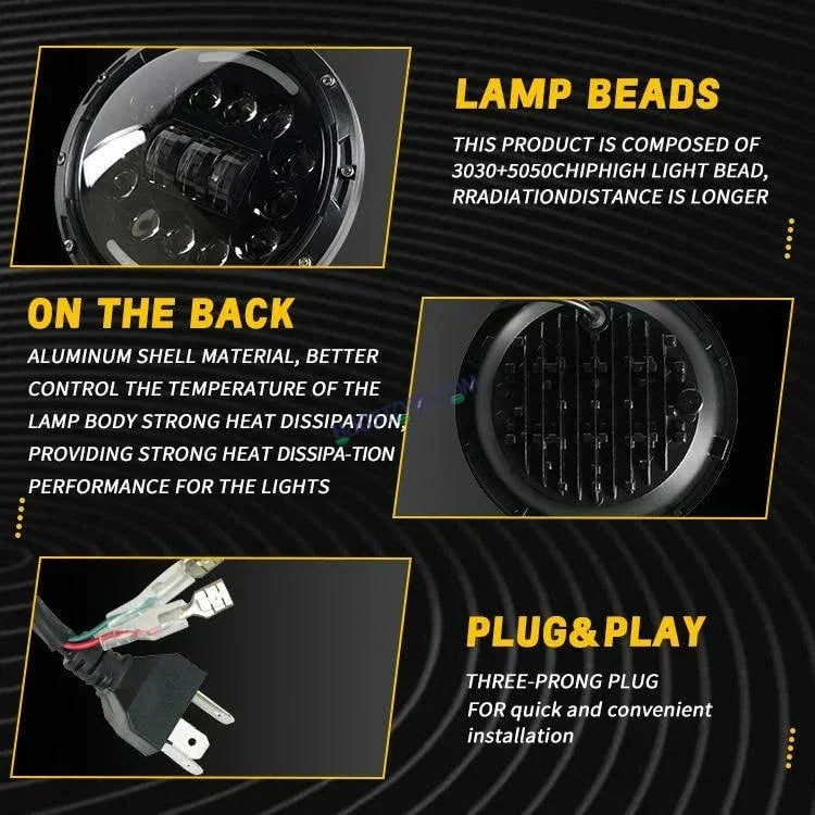 HJG 7 Inch 15 LED Halo Lens 12v Chasing Halo 7'' Inch Round LED Headlight With Ring 231036 Royal Enfield Thar - Biker.Store - www.biker.store