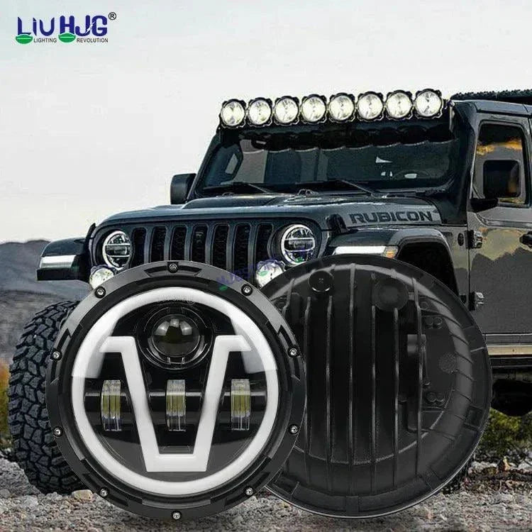 HJG 7 Inch Led Headlight Assembly Halo Lights Dual Color Yellow White 7 Inch Round Motorcycle Lights For Jeeps Universal Car Compatible with Royal Enfield, Jeep & Harley Davidson U 2 - Biker.Store - www.biker.store