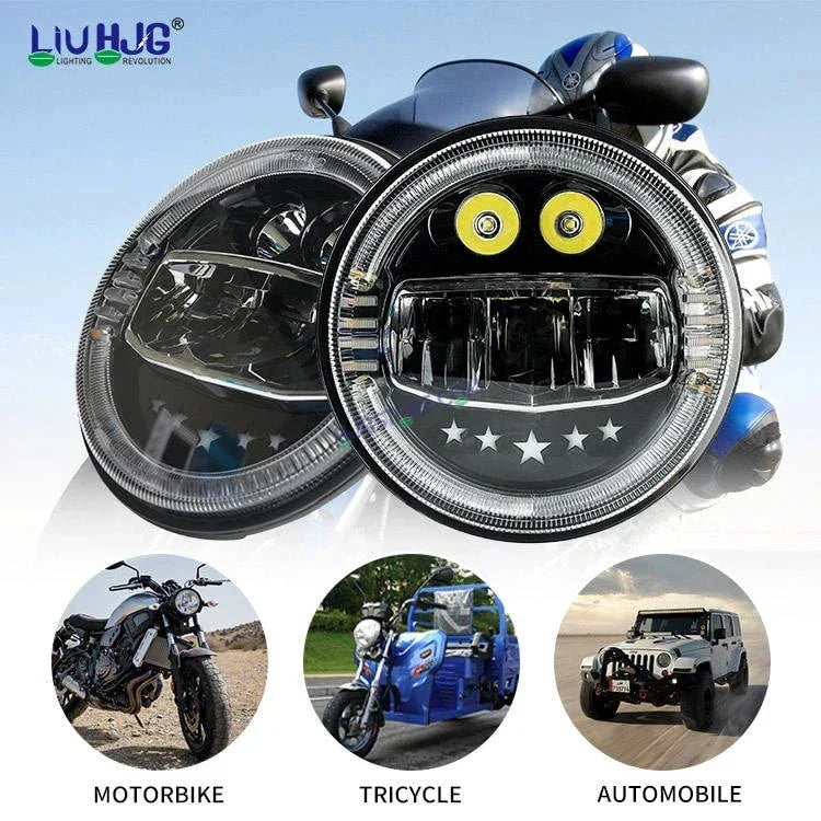 HJG 7 Inch Star White LED Headlight New Model Minus Headlight Assembly for Thar Royal Enfield | 75-120W CREE/Osram LED Chip Multi color Compatible with Royal Enfield, Jeep, Thar, Gypsy - Biker.Store - www.biker.store