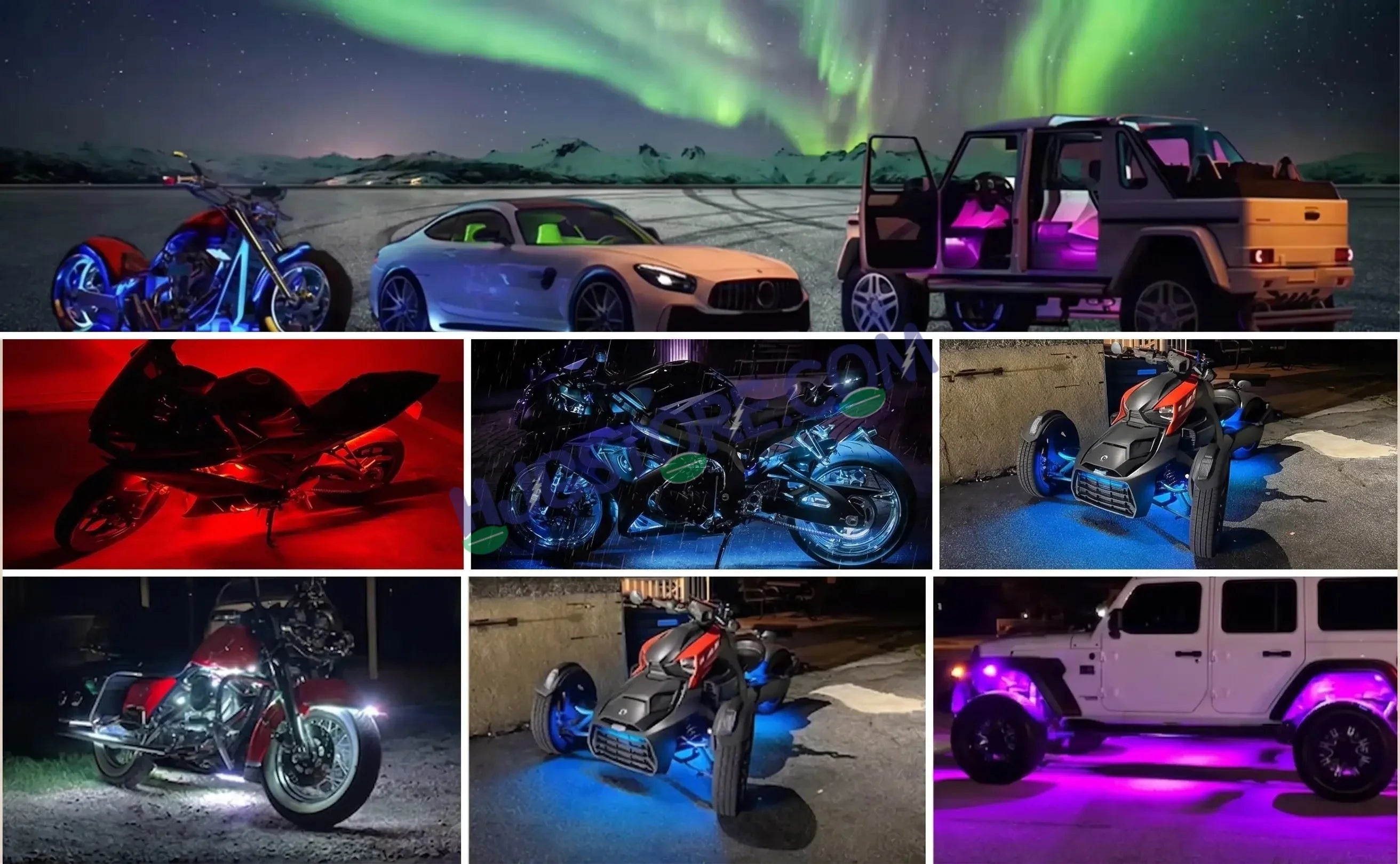 HJG 6Pcs Motorcycle Ambient Lighting Kit, Smart Mobile App Controlled RGB LED Underglow Strips (12V) | Waterproof & All Weather Proof | Flexible, Bendable & Can Be Cut Anywhere for Custom Fit | Multi-Color Accent Glow for All Bikes LIU HJG Ambient Light - Biker.Store - www.biker.store