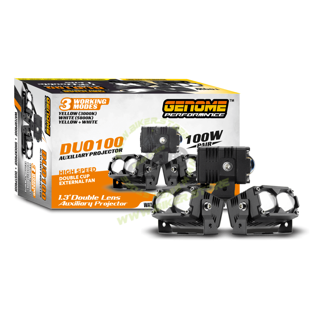 Genome Double Lens, Dual Color Projectors (100W, Grill/Driving/Fog Lights) - Biker.Store - www.biker.store