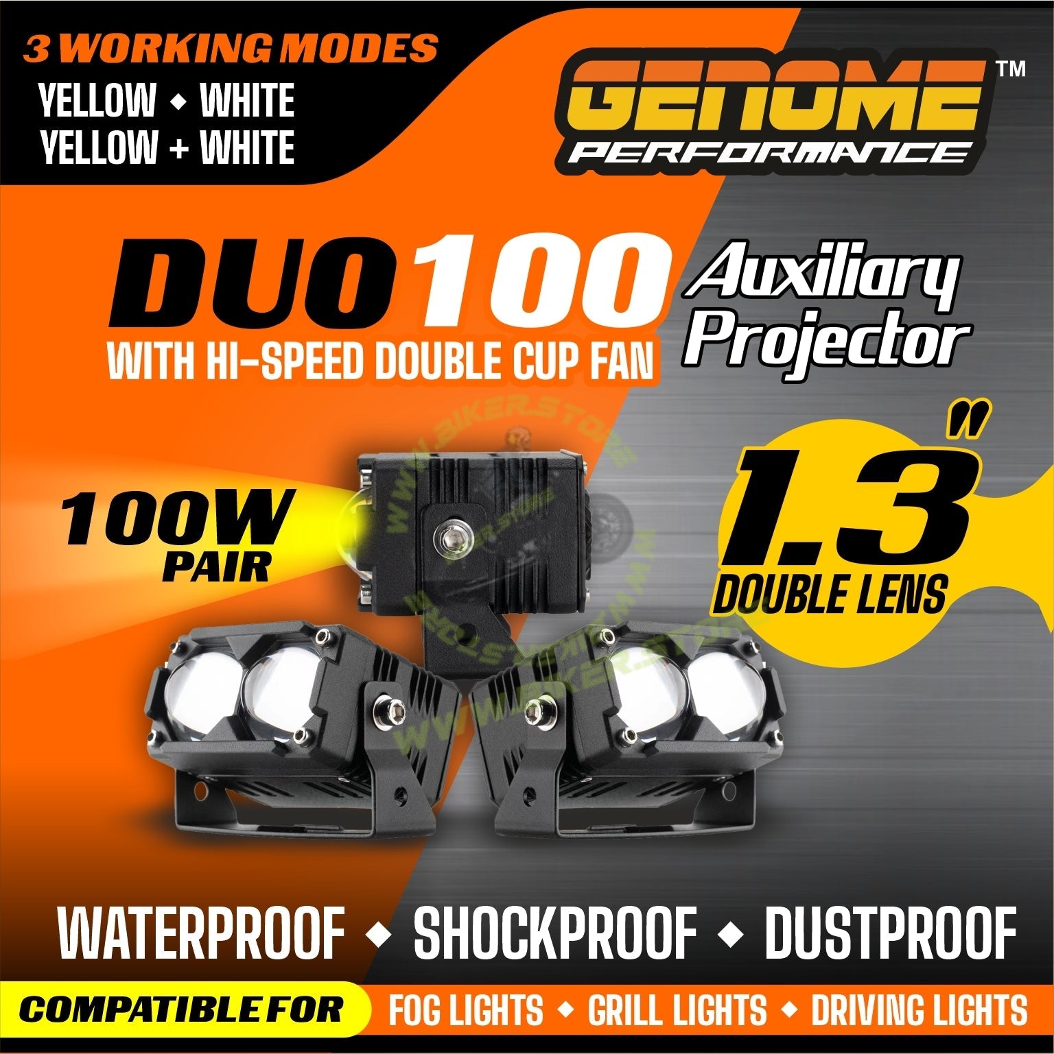 Genome Double Lens, Dual Color Projectors (100W, Grill/Driving/Fog Lights) - Biker.Store - www.biker.store