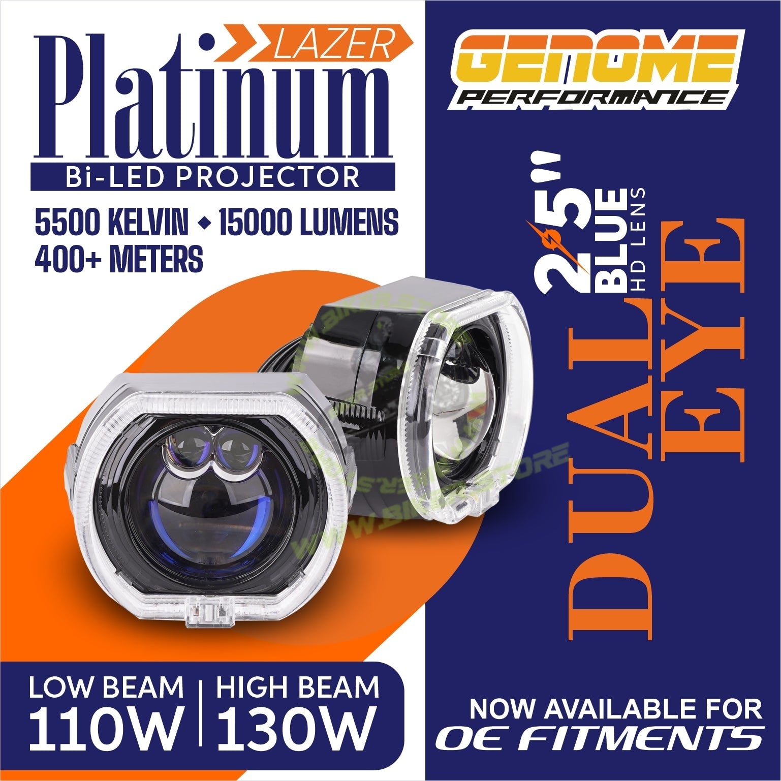 Genome 2.5″ Lazer Platinum Bi-LED Projector (With Black Bezels, White Halos) Headlight Projector - Biker.Store - www.biker.store